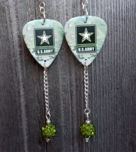 Army Emblem Camouflage Guitar Pick Earrings with Green Pave Bead Dangles - Picture 1 of 4