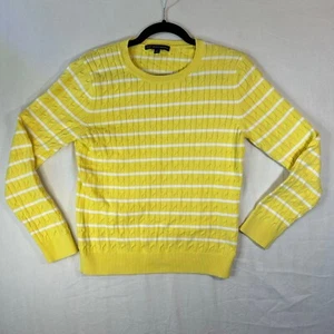 Brooks Brothers Sweater 346 Women's Large Yellow White Striped Cable Knit Cotton - Picture 1 of 12