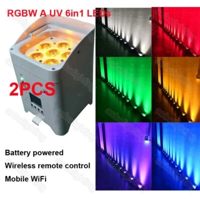 2x LED RGBWA+UV 6IN1 Rechargeable Battery Wifi DMX DJ Disco Par Stage Lighting - Image 1 of 4