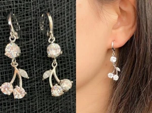 Quality Platinum Silver Plated Cherry Zircon Crystal Dangle Drop Earrings UK - Picture 1 of 1