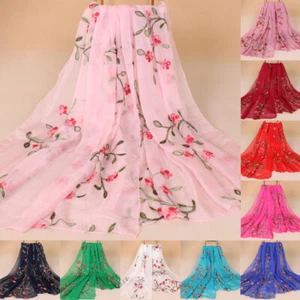 Summer Beach Women Thin Silk Scarf Shawl Chiffon Flower Embroidery Long Tippet - Picture 1 of 26