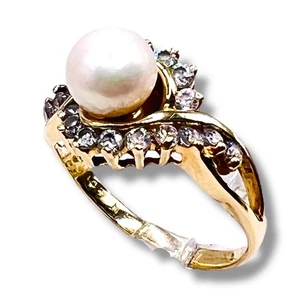 14k Yellow Gold Cultured Pearl Cocktail Woman Band Ring 6 - Picture 1 of 20