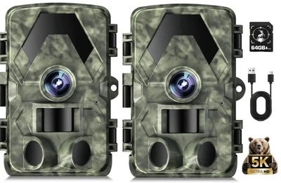 LAOZINIU 2 PACK Trail Camera, 5K 60MP with No Glow Night Vision, 150°Wide-Angle 64GB