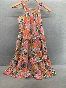 Bonnie Jean Girls Sz 12 Sleveless Dress Floral Print Orange Pink Ruffle Summer - Picture 1 of 10