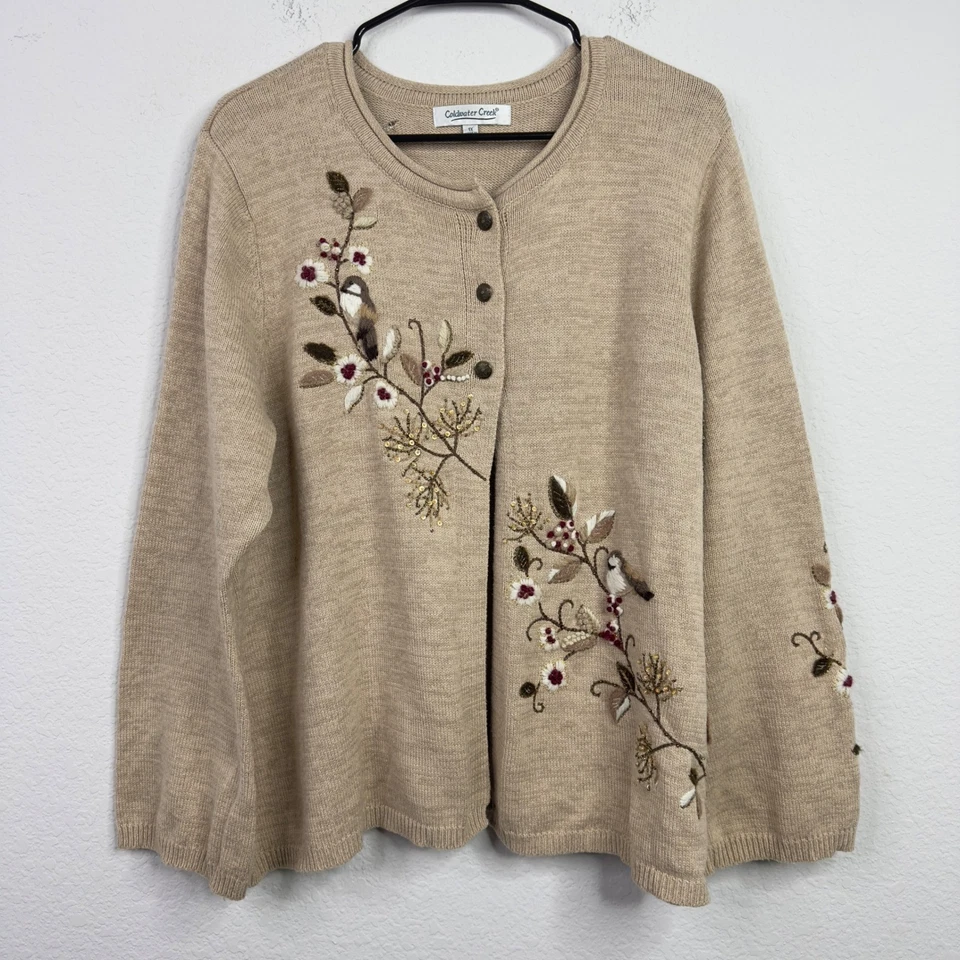 Cárdigan Suéter Coldwater Creek Mujer 1X Bordado Tejido Pájaros Flores Casa de Campo Foto 1 de 4