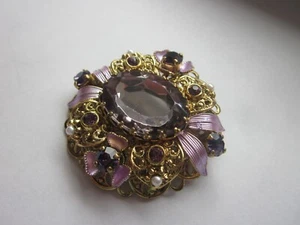 Vtg Gilt Filigree Pink Glass Ornate Enamel Brooch Pin W. Germany - Picture 1 of 4