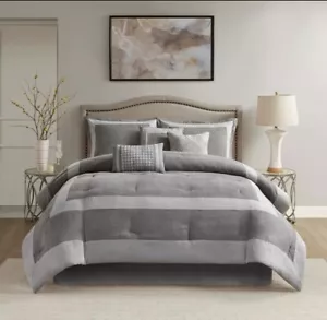 Juego de edredón de microgamuza gris Madison Park 7 piezas King Noah ropa de cama moderna - Imagen 1 de 13
