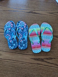Vera Bradley 2 Pairs Flip Flop Sandals Women's 5 6 Blue Green Stripe Tribal - Picture 1 of 4