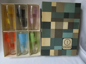 Durobor 6 Wasser oder Saft-Gläser Trinkglas 14cm 6 Farben gemustert OVP 60er J. - Picture 1 of 5