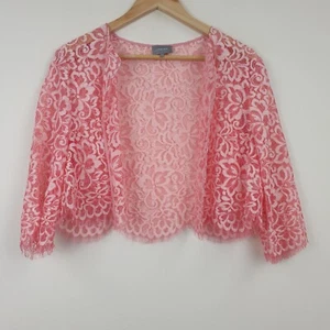 Jaeger Bolero Womens UK 14 Coral Pink Ombré Lace Open Cropped Jacket Party Smart - Picture 1 of 15