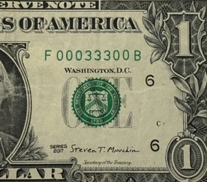 Banconota da un dollaro numero di serie basso Binary Fancy F00033300B 0s 3s - Foto 1 di 7