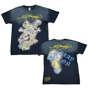 Vintage Ed Hardy T Shirt Mens XL Skull Death or Glory Play On Black Rhinestones - Picture 1 of 14