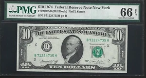 US $10 1974 PMG 66 EPQ UNC Fr #2022-B FRN New York Neff/Simon BH Block - Picture 1 of 4