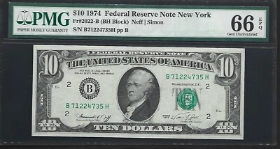 Sujetador bloque US $10 1974 PMG 66 EPQ UNC Fr #2022-B FRN New York Neff/Simon Foto 1 de 4