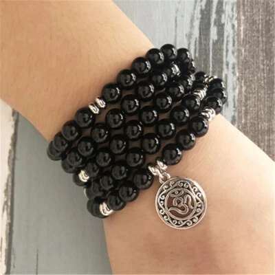 8mm black agate gemstone 108 beads Mala bracelet Spirituality Yoga Reiki Pray - Image 1 of 4