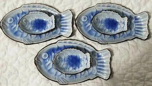 Blue Crackle Japanese Sushi Set Fish Shaped Plates With Dipping Sauce Cups - Picture 1 of 10