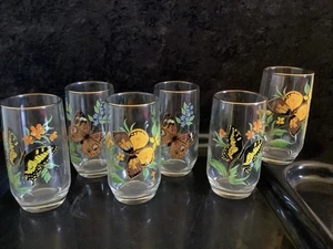 Vintage 6 Pc West Virginia Glass BUTTERFLIES Set Tumblers Gold Rimmed Glasses - Picture 1 of 5