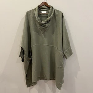 Weiche Umrandung Top One Size grün Leinen Wasserfallausschnitt Poncho Lagenlook Oversize - Bild 1 von 13