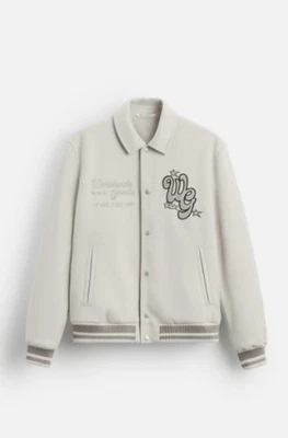 Zara Men’s XL Varsity Bomber Jacket Ivory Beige Faux Suede WG - Image 1 of 4