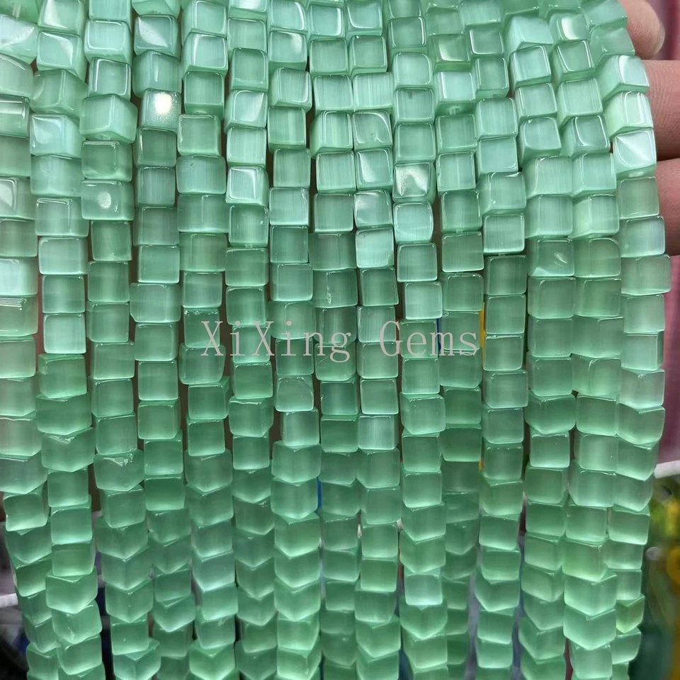 6mm High Quality Light Green Cat's Eye Opal Square Cube Beads for Jewelry Making - Image 1 of 4