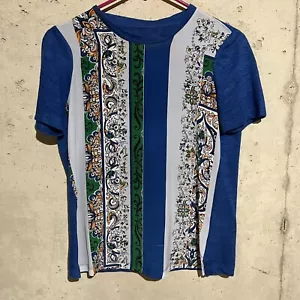 Tory Burch Silk Front & Linen Short Sleeve T-Shirt Blue Floral Women’s Size XXS - Picture 1 of 9