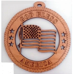 God Bless America Patriotic Laser Cut Wood Christmas Ornament Made in USA - Picture 1 of 2