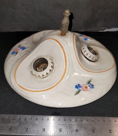 Vintage Porcelain Flush Mount Double Light Fixture Art Deco Floral Cover
