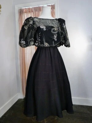 80s Vintage CONNECTIONS Black Puff Sleeve Silver Gold Glitter Dress ILGWU Small - Image 1 of 4