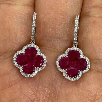 Simulated Ruby & Moissanite 10K White Gold Drop-Dangle Wedding Clover Earrings - Image 1 of 4