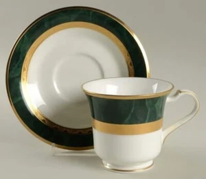 NORITAKE Fitzgerald Footed Cup & Saucer Set/Green Marble Border W/ Gold Scroll - Picture 1 of 5