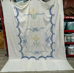 Vintage WHITE Ivory Cotton CHENILLE Bedspread Coverlet Full 88 x 102 Stained - Picture 1 of 7