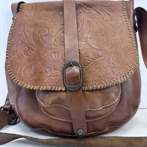 Patricia Nash Barcelona Tooled Leather Saddle Bag Crossbody Brown Purse - Picture 1 of 13