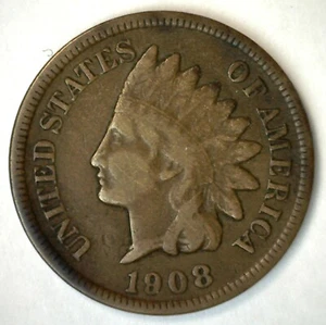 1908 S Indian Head Cent 1c US Type Coin Very Good Circulated San Francisco Mint - Picture 1 of 2