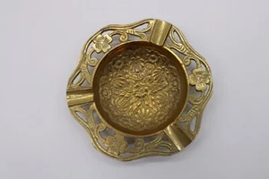 Vintage Brass Ashtray Trinket Dish w Floral Pattern - Signed Dated India 4.75" W - Picture 1 of 8