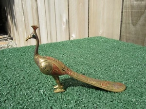 Vintage Solid Brass Painted Lacquer Peacock Figurine - Picture 1 of 8