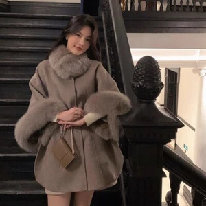 Women Real Fox Fur Collar Cloak Coat Belted Wool Ponchos Jacket Warm Cape Party - Picture 1 of 15