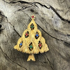 Spilla albero di Natale vintage ramo ondulato firmata JJ con strass colorati - Foto 1 di 4