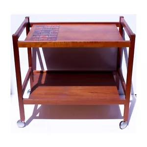 Mid-Century Modern Danish Teak & Lava Tile Cocktail Trolley Bar Serving Cart - Picture 1 of 10