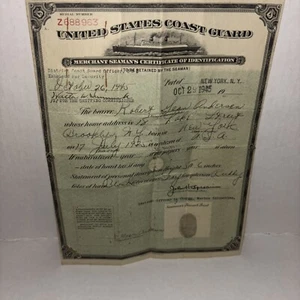 Merchant Seaman's Certificate of Identification, of service -US Coast Guard 1945 - Picture 1 of 5