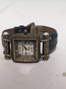 Heidi Daus Brown Opaline Crystal Stainless Steel Black Leather Watch, Untested. - Picture 1 of 6