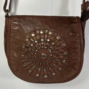 VILENCA HOLLAND Studded Brown Leather Circle Crossbody Handbag Festival Boho - Picture 1 of 16