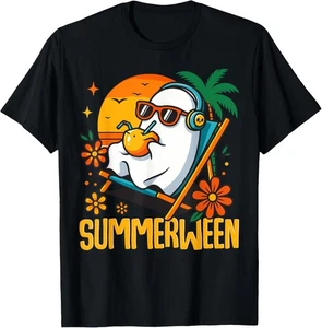 Summerween Funny Ghost Halloween Summer Beach Vibes Tee T-Shirt - Picture 1 of 13