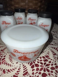 McKee Roman Arch Milk Glass Red Sail Boats-Drippings Jar & 4 Shakers - Picture 1 of 17