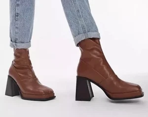 Topshop Maddie Block Heel Sock Boot In Brown Size UK 7 new in box - Picture 1 of 6