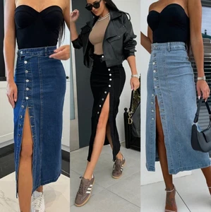 Denim Midi Falda Botón Delantero Alta Abertura Bodycon Lápiz Cintura Alta Elástica - Imagen 1 de 13