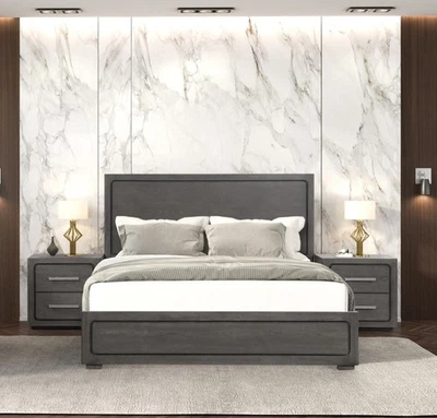 Queen size 3pc Bed 2x Nightstand Set Warm Gray Finish Contemporary Style - Image 1 of 4