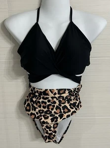 Cross Front Black Bikini Leopard Full Coverage Hi Waist Bottom Swimsuit L, Beach - Picture 1 of 14