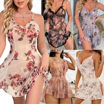 Sexy Lencería Babydoll Vestido Mujeres Encaje Prendas para dormir Ropa interior Prendas para dormir Tanga Foto 1 de 4
