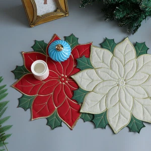 Christmas Placemat Embroidered Poinsettia Flower w Green Holly Dinner Table Mat - Picture 1 of 24