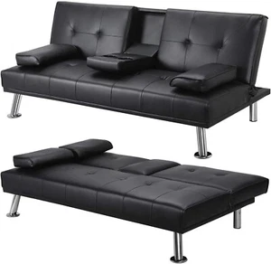 Yaheetech Click Clack Sofa Bed Faux Leather 3 Seater Sofa Couch Living Room/Spa - Picture 1 of 11